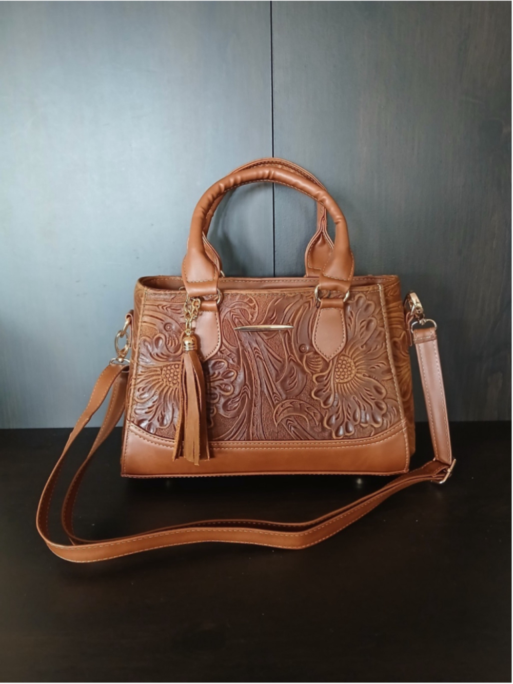 Brown Tasseled Floral Embossed Tooled Artisan LEATHER Crossbody bag Purse - Picture 9 of 16
